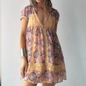 Free People Anna Sui Rosie Babydoll Mini Dress Sheer XS Boho Coquette Fairycore
